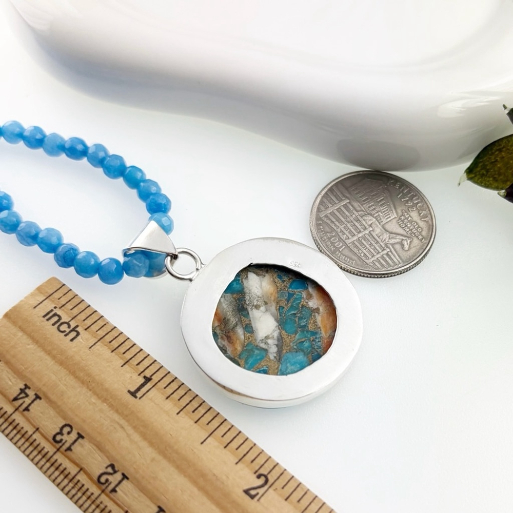 Oyster Turquoise Pendant Necklace Boho Southwest Round Orange Blue New 925 - Picture 6 of 6